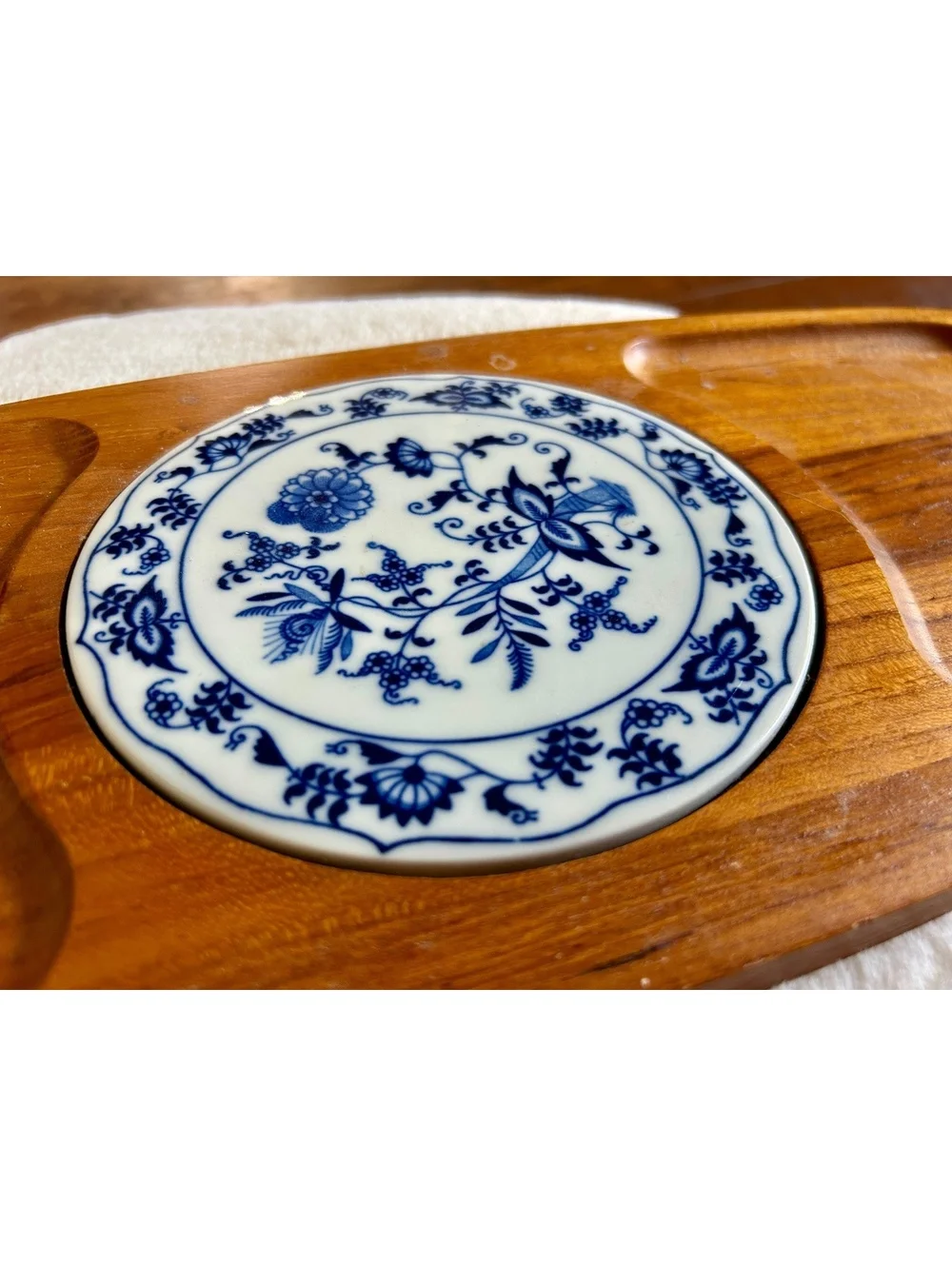 Dolphin Genuine Teakwood Serving Tray with Blue Floral Ceramic Inlay